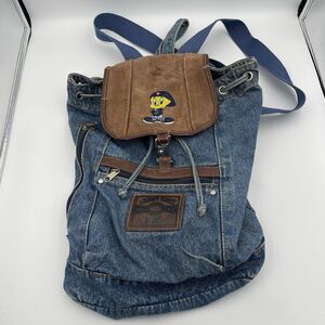Vintage 00s Looney Tunes Blues Tweety Bird Denim Backpack